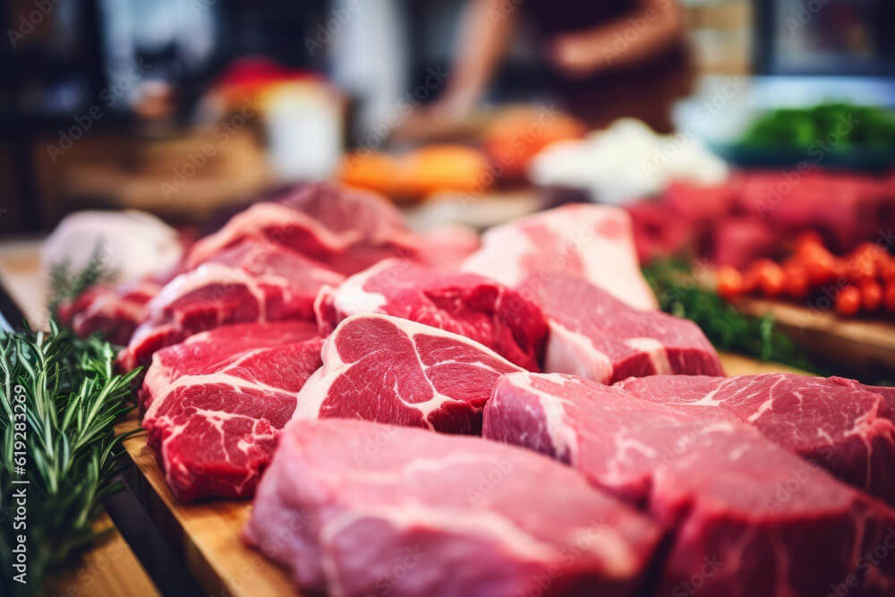 A close up of steak cuts being displayed on a cutting board with people working at Stock & Barrel in the background
