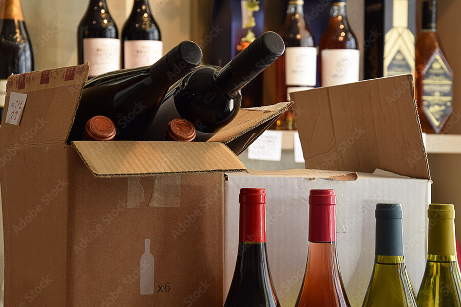 Boxes of various types of wines
