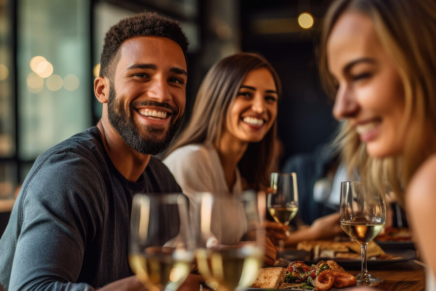 People smiling while enjoying dinner and wine at a Stock & Barrel event